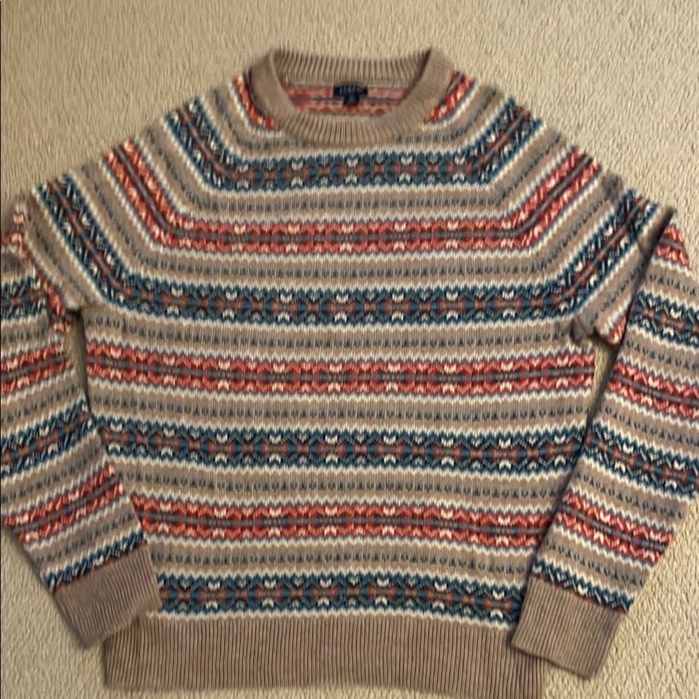 J. Crew Beige Fair Isle Crewneck Sweater with Blue and Rust Stripes